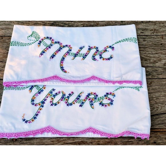 Vintage Pillow cases Embroidered "Mine" "Yours" - Picture 2 of 8